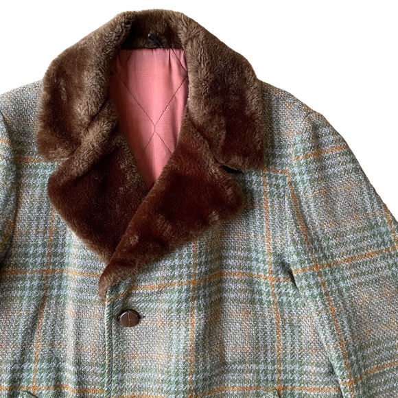 Tweed Vintage Topcoat 40 Wool Faux Fur Three Button Long Brown Lined Overcoat - Picture 2 of 11
